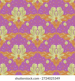 vintage padrão sem emenda inspirado em motivos florais art nouveau, apresentando elegante botânico com linhas ornamentadas e simetria, perfeito para têxtil, papel de parede, embalagem, tecido e design de papelaria