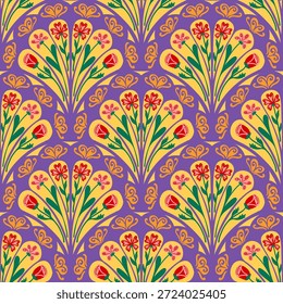vintage seamless pattern inspired by art nouveau floral motifs, featuring elegant botanical with ornate lines and symmetry, perfect for textile, wallpaper, packaging, fabric, and stationery design