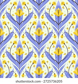 vintage padrão sem emenda inspirado em motivos florais art nouveau, apresentando elegante botânico com linhas ornamentadas e simetria, perfeito para têxtil, papel de parede, embalagem, tecido e design de papelaria