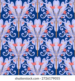 vintage padrão sem emenda inspirado em motivos florais art nouveau, apresentando elegante botânico com linhas ornamentadas e simetria, perfeito para têxtil, papel de parede, embalagem, tecido e design de papelaria