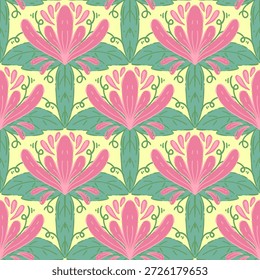 vintage padrão sem emenda inspirado em motivos florais art nouveau, apresentando elegante botânico com linhas ornamentadas e simetria, perfeito para têxtil, papel de parede, embalagem, tecido e design de papelaria