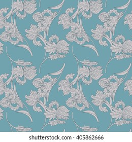 vintage seamless pattern with iris flowers, old style floral ornament, hand drawn vector background