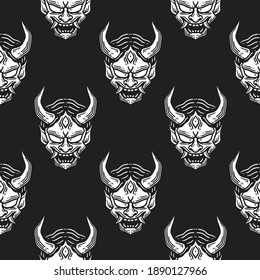 
vintage seamless pattern of japanese devil mask.on Black Background