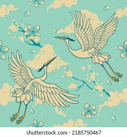 Vintage Seamless Pattern of Japanese Heron Bird