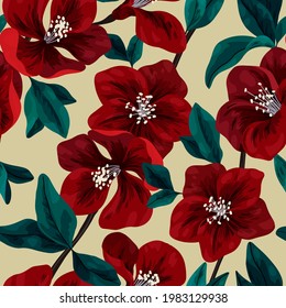 Vintage seamless pattern with Japanese quince. Floral print with red flowers on a branch, leaves. Imitation of watercolor, vector.