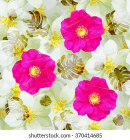 Vintage Patrón sin foco de flores jazmín y rosas silvestres brillantes rosa