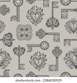 Vintage seamless pattern of keyholes and locks in Gothic style. Filigree, heart with crown, floral motif, leaves and herbs. Magical items, fantasy, boho. Halloween, Valentines Day. witchcraft.