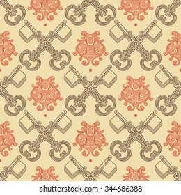 Vintage seamless pattern. Keys and floral vector ornament.