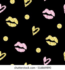 Vintage seamless pattern with kisses, hearts and circles with golden glitter foil texture on black background. Hand drawn vector illustration