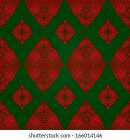 Vintage seamless pattern with lacy ornament in retro style. Dark green and red brocade background. It can be used for wallpaper, pattern fills, web page background, surface textures.