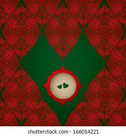 Vintage seamless pattern with lacy ornament in retro style. Place for your text. Red and green brocade background. It can be used for decorating of invitations, cards, decoration for bags and clothes.