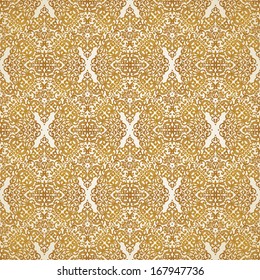 Vintage seamless pattern with lacy ornament in retro style. Golden brocade background. It can be used for wallpaper, pattern fills, web page background, surface textures.