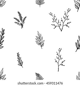 Vintage seamless pattern with lavender bouquet, twig, tree branch, fern leaf. Background for eco forest autumn celebrations. Black floral rustic symbols and elements on white hand drawing style.