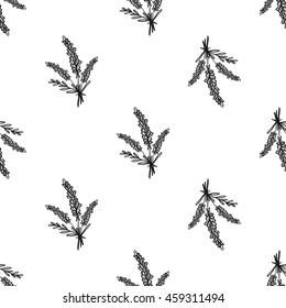 Vintage seamless pattern with lavender bouquet. Background for eco forest autumn celebrations. Black floral rustic symbol on white hand drawing style.