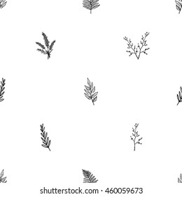 Vintage seamless pattern with lavender bouquet, twig, tree branch, fern leaf. Background for eco forest autumn celebrations. Black floral rustic symbols and elements on white hand drawing style.