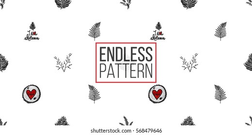 Vintage seamless pattern with lavender bouquet, double twig, fern branch, fern leaf, round wood piece with red heart. Background for eco forest wedding or autumn celebrations.