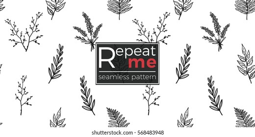 Vintage seamless pattern with lavender bouquet, twig, double twig, tree branch, tree twig, fern leaf. Background for eco forest wedding or autumn celebrations. Black floral rustic symbols on white.