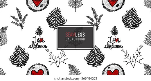 Vintage seamless pattern with lavender bouquet, double twig, fern branch, fern leaf, round wood piece with red heart. Background for eco forest wedding or autumn celebrations.