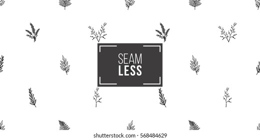 Vintage seamless pattern with lavender bouquet, twig, double twig, tree branch, tree twig, fern leaf. Background for eco forest wedding or autumn celebrations. Black floral rustic symbols on white.