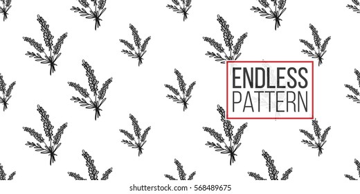 Vintage seamless pattern with lavender bouquet. Background for eco forest wedding or autumn celebrations. Black floral rustic symbols and elements on white hand drawing style.