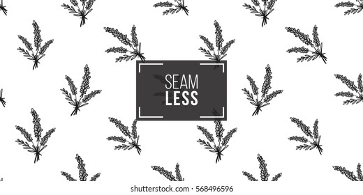 Vintage seamless pattern with lavender bouquet. Background for eco forest wedding or autumn celebrations. Black floral rustic symbols and elements on white hand drawing style.