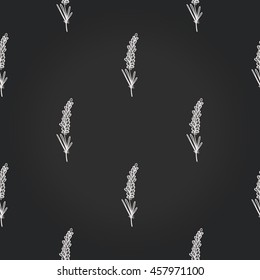 Vintage seamless pattern with lavender twig. Background for eco forest wedding or autumn celebrations. Floral rustic symbols and elements in chalkboard hand drawing style.