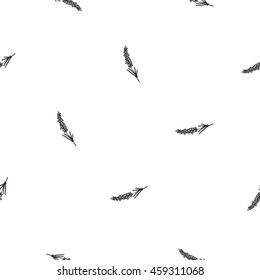 Vintage seamless pattern with lavender twig. Background for eco forest autumn celebrations. Black floral rustic symbol on white hand drawing style.