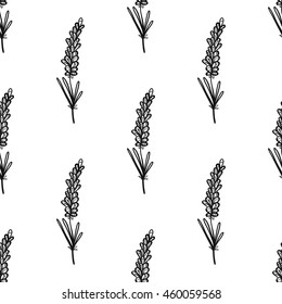 Vintage seamless pattern with lavender twig. Background for eco forest autumn celebrations. Black floral rustic symbols on white hand drawing style.