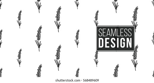 Vintage seamless pattern with lavender twig. Background for eco forest wedding or autumn celebrations. Black floral rustic symbols and elements on white hand drawing style.