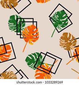 Vintage sin fisuras con hojas monstera sobre fondo geométrico. Fondo floral hecho a mano para textiles, cubierta, papel pintado, embalaje de regalo, desacoplamiento.Diseño romántico para calico, seda.