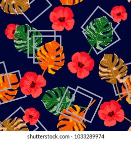 Vintage seamless pattern with leaves monstera and hibiscus on geometric background. Hand-drawn floral background for textile, cover, wallpaper, gift packaging, decoupage.Romantic design for calico