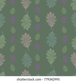 Vintage seamless pattern from the leaves of red oak arranged vertically on a pastel green background (Quercus rubra)