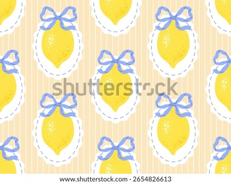 Vintage seamless pattern with lemons in whimsical frames, bows on striped background. Summer mediterranean print. Italian vacation vibe. Vector hand drawn illustration