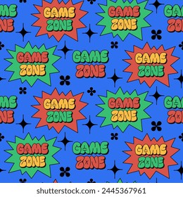 Vintage seamless pattern with lettering stickers. Text Game Zone in speech bubbles. Trendy 90s style concept on white background. Good for print design for textile, wallpaper, wrapping