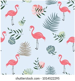 Vintage seamless pattern Light blue and pink wild leaf and flamingo joyful spring summer,African botanical  tropical woodland style,for invitation card background,illustration vector