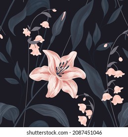 Vintage seamless pattern with lily flowers and various leaves. Dark floral pattern with large lily, small bell and blue foliage. Fairy floral background design. Imitation of watercolor, vector.