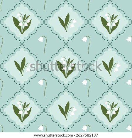  Vintage seamless pattern with Lily of the valley flowers, Victorian floral wallpaper, charming spring and summer background
