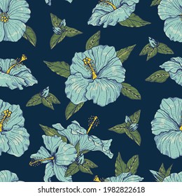 Vintage seamless pattern with line art blue hibiscus flowers, buds and leaves, with dark blue outline. On blue background. Stock vector illustration.