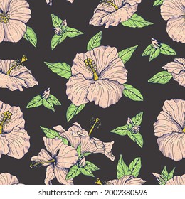 Vintage seamless pattern with line art pink hibiscus flowers, buds and leaves, with dark outline. On beown background. Stock vector illustration.