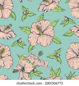 Patrón inmaculado de vintage con flor de hibisco rosa de línea, brotes y hojas, con contorno oscuro. Sobre el fondo turquesa. Ilustración vectorial de material.
