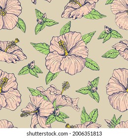 Vintage seamless pattern with line art pink hibiscus flowers, buds and leaves, with dark outline. On beige background. Stock vector illustration.