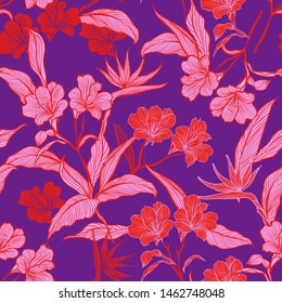 Vintage Seamless pattern line botanic flowers and plants in the garden colorful Vector illustration.Design for fashion web, wallpaper, wrapping , fabric and all prints on vivid violet background color