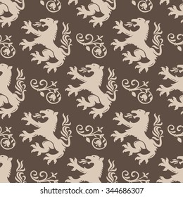 Vintage seamless pattern. Lion and floral vector ornament.