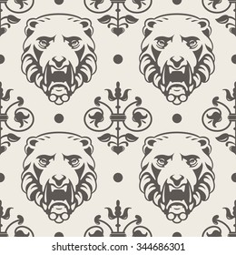 Vintage seamless pattern. Lion head and floral vector ornament.