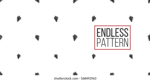 Vintage seamless pattern with little pinecone. Background for eco forest wedding or autumn celebrations. Black floral rustic symbols and elements on white hand drawing style.