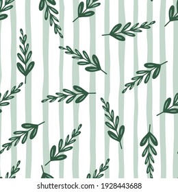 Vintage seamless pattern with little random green leaves branches elements print. Light striped background. Perfect for fabric design, textile print, wrapping, cover. Vector illustration.