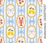 Vintage seamless pattern with lobster, bows, yellow lemons, tomato in decorative frames striped blue background. Summer mediterranean print. Italian vacation vibe. Vector hand drawn illustration.