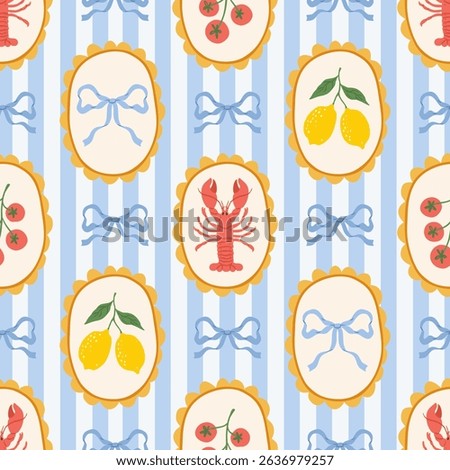 Vintage seamless pattern with lobster, bows, yellow lemons, tomato in decorative frames striped blue background. Summer mediterranean print. Italian vacation vibe. Vector hand drawn illustration.