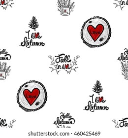 Vintage seamless pattern with I love Autumn lettering, candlestick with hello autumn inscription, Fall in love slogan, round wood red heart. Background for eco forest wedding or autumn celebrations.