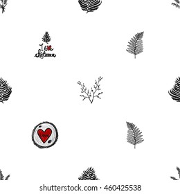Vintage seamless pattern with I love Autumn lettering, lavender bouquet, fern branch or leaf, round wood red heart. Background for eco forest wedding or autumn celebrations.